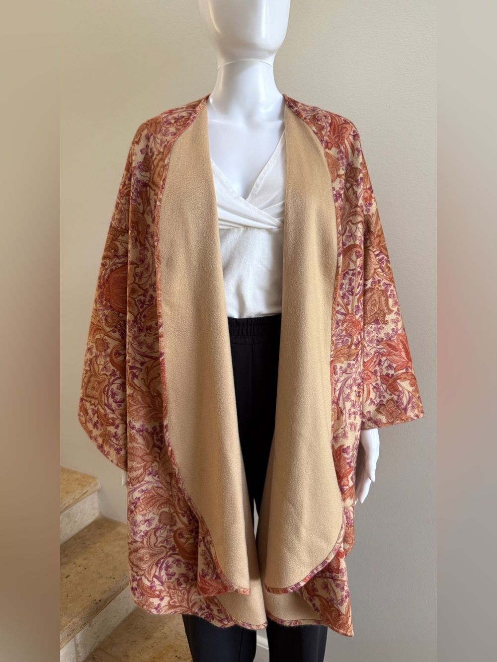 Reversible Cashmere Shawl Cape Wrap Poncho, Multicolor